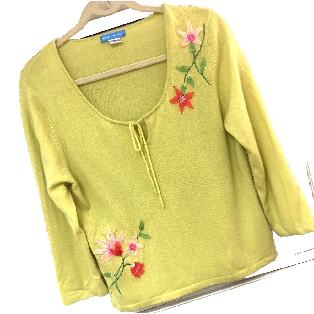 White + Warren Cashmere Sweater Floral‎ Embroidery Cottage Y2K Coquette Size XL